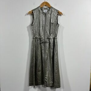 Akris Punto Metallic Silver Zip Front Drawstring Waist Midi Dress Women 4 Event